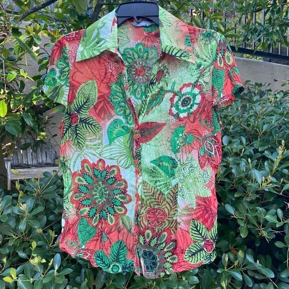 Per Una by Marks Spencer Women's Red Green Floral Short Sleeve Blouse M EUC - Picture 1 of 5